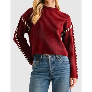 CriMMENSE Mock Neck Sweater Ribbed Knit Pullover Burgundy‎ White Stitch M/L
